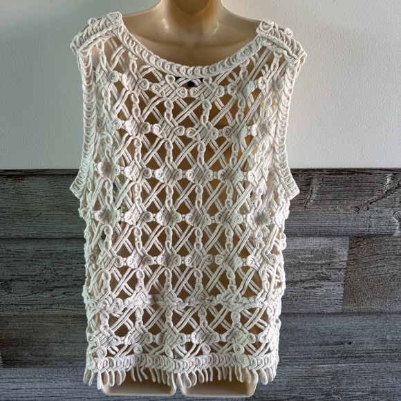 DKNY Jeans Women’s Macramé Knit Top 3X Beige Boho Festival Tank (F1) - Picture 5 of 10